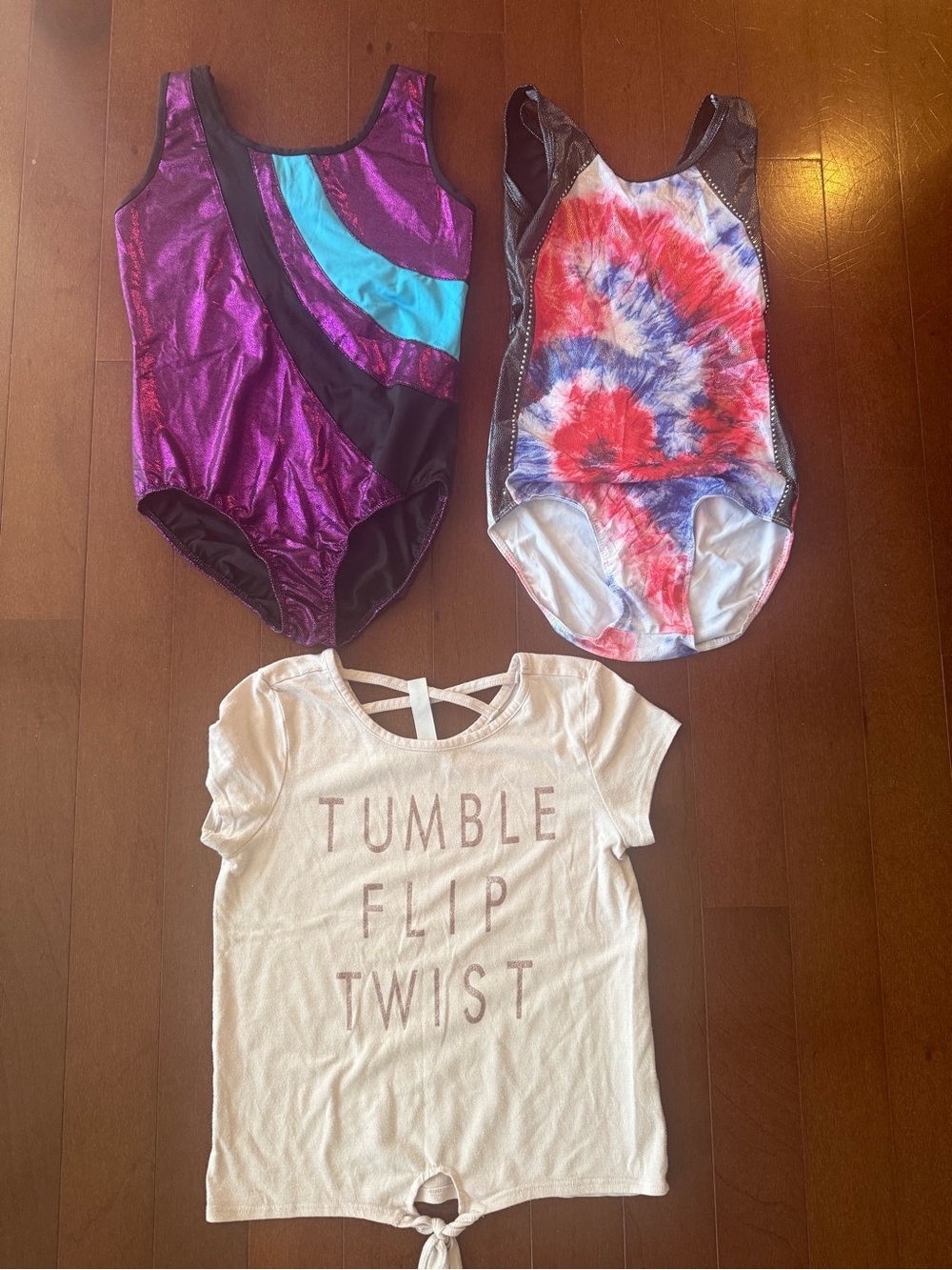 Girls Purple Metallic Gymnastics Leotard tie dye red white blue leo & pink tshir